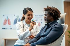 Doctor consults with a patient in a modern clinic setting. A smiling Asian female doctor explains medication to a Black male patient. The scene features medical charts and a clean, bright interior, depicting healthcare and patient care.