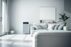 Modern minimalist living room interior with a gray sectional sofa, white walls, and large windows. A sleek air purifier stands near the sofa, complemented by potted plants and a blank white canvas art. Bright, airy space with a clean, contemporary design.