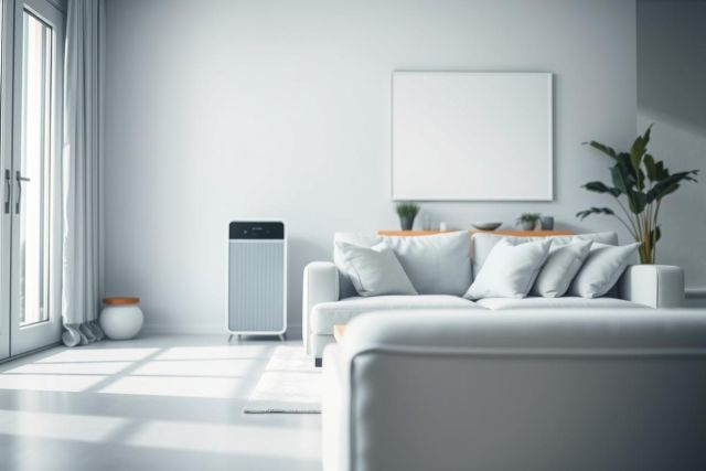 Modern minimalist living room interior with a gray sectional sofa, white walls, and large windows. A sleek air purifier stands near the sofa, complemented by potted plants and a blank white canvas art. Bright, airy space with a clean, contemporary design.