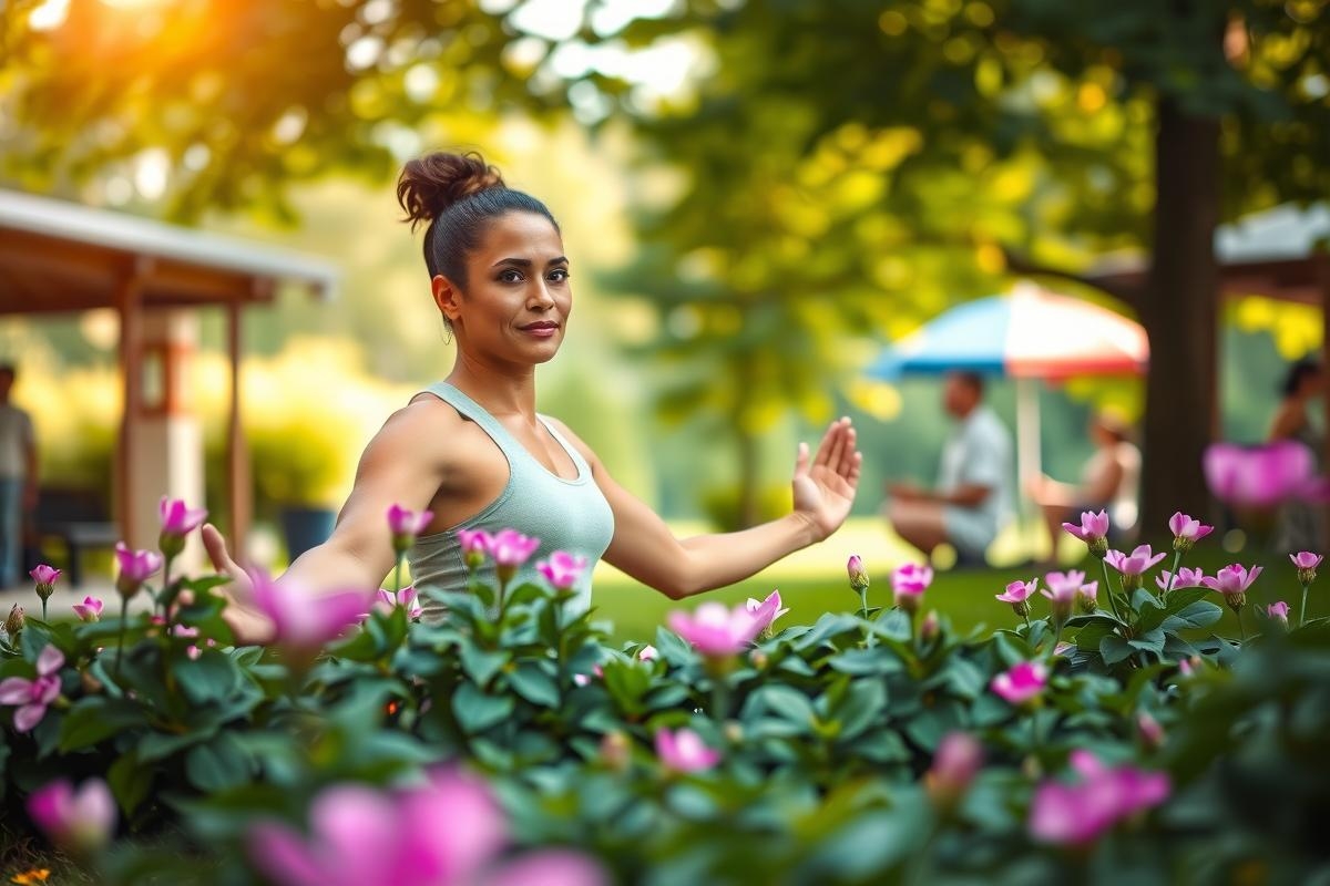 The image depicts a woman engaged in yoga practice. She is surrounded by blooming pink flowers, possibly lilacs, which adds a vibrant touch of color to the scene. The environment suggests an outdoor setting, likely a park or garden, with well-maintained greenery and foliage. The woman appears focused on her breathing exercise while standing amidst the natural beauty.