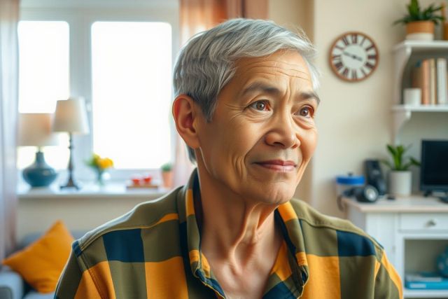 This image shows an older gentleman in a home setting, looking at the camera with a subtle smile. He is wearing a casual plaid shirt and appears to be seated on a sofa. 