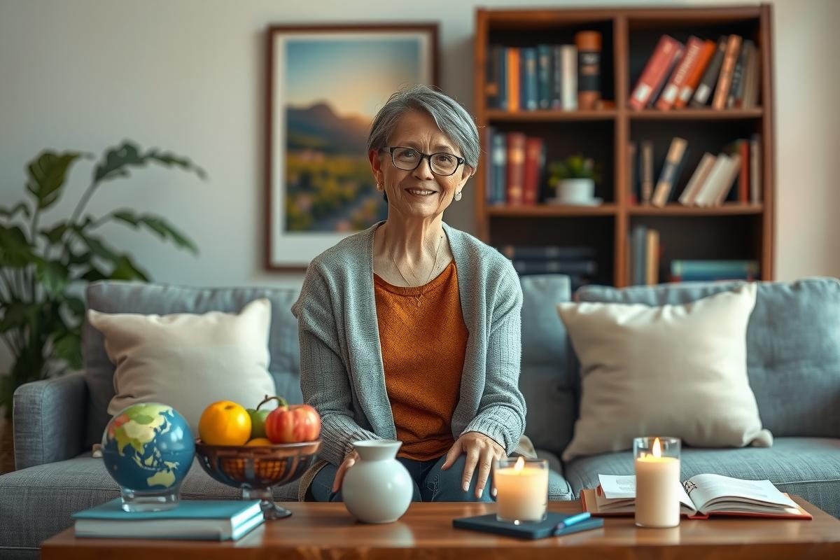 The image shows an elderly woman sitting comfortably on a couch, surrounded by items such as books and decorative knick-knacks. The room gives off a cozy vibe with soft lighting, suggesting a peaceful indoor setting.