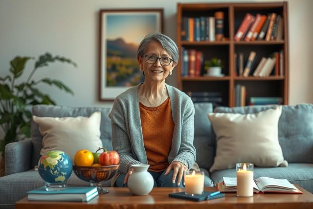 The image shows an elderly woman sitting comfortably on a couch, surrounded by items such as books and decorative knick-knacks. The room gives off a cozy vibe with soft lighting, suggesting a peaceful indoor setting.