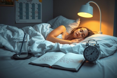 A young woman in a bedroom, awake at night, with an open book beside her. The room is dimly lit by a reading lamp.