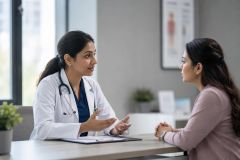 Doctor consulting a patient at a clinic desk, discussing treatment options in a calm setting.