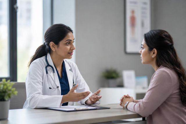 Doctor consulting a patient at a clinic desk, discussing treatment options in a calm setting.