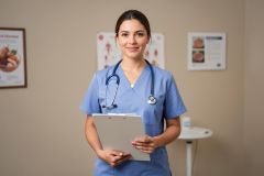 Clinic nurse in scrubs holding a clipboard, ready to discuss nutrition and weight-management plan.