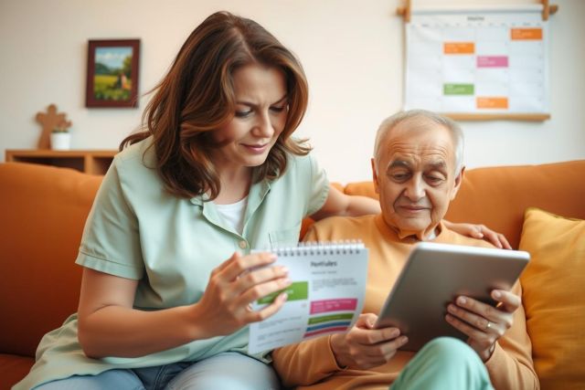 An elderly couple, a woman and an older man, sit on a couch with a tablet between them. The woman is holding another book, suggesting they are comparing information from the two sources. They are in a comfortable domestic setting, possibly their living room.