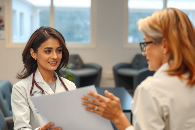 Two female healthcare professionals in white coats discuss patient records in a modern clinic setting. The image portrays a professional medical consultation with a focus on patient care and teamwork.