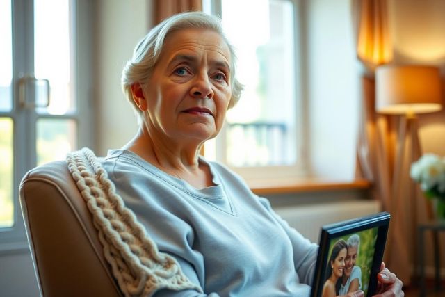 Elderly woman sits in a chair, holding a framed photo, with a warm, soft-lit interior background. She appears thoughtful and reflective in this portrait-style image. Focus on senior portraiture, family, and home.