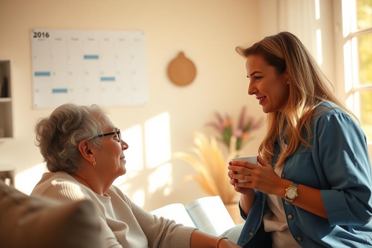 A woman engaging in conversation with an older woman. Both are seated, facing each other. The setting appears to be a domestic indoor environment, possibly a living room or office, with natural light streaming in from the window on the left side of the frame.