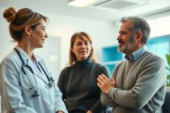 Doctor consults with a couple in a bright, modern medical office. The scene depicts a healthcare discussion with a female doctor in a white coat, showing a caring and professional environment. Keywords: doctor, healthcare, consultation, medical, patient, family.