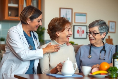 The image depicts a warm, homey scene with three individuals sharing a moment over tea. The doctor, a woman in professional attire including a stethoscope, is engaging with two elderly women. They're gathered around a dining table that is adorned with items such as a teapot and fruit like oranges and bananas. 