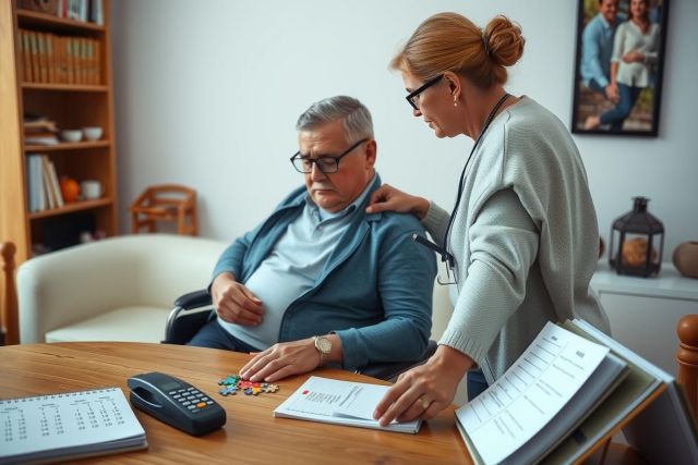 A healthcare professional is attending to an elderly patient sitting in a home office setting, with medical documents laid out on the desk. The scene portrays a home care visit where the healthcare provider is reviewing papers and checking vital signs of the elderly person.