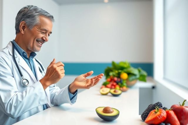 A smiling doctor in a white coat discusses healthy eating with a patient. Fresh fruits like avocado, berries, and apples are arranged on a bright white surface in a modern, clean setting. Focus on nutrition, wellness, and healthy lifestyle concepts.