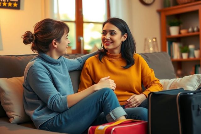 The image features two women sitting comfortably on a couch, engaged in conversation. 