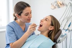 Dental clinician examines a young patient's open mouth with a mirror during a routine oral check.