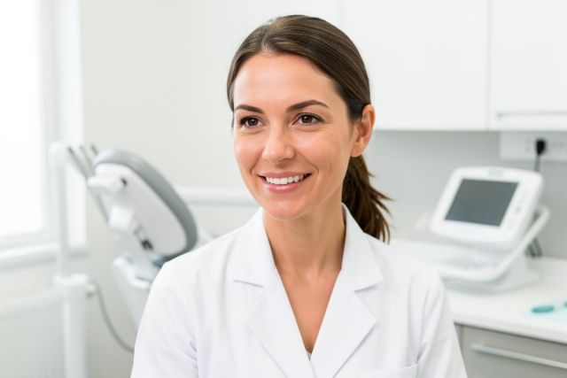 Smiling clinician in a bright dental exam room, wearing a white coat and looking toward the camera.