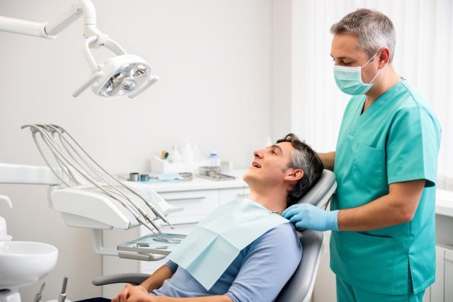 Dentist in mask and gloves reassuring a patient reclined in a dental chair before treatment.