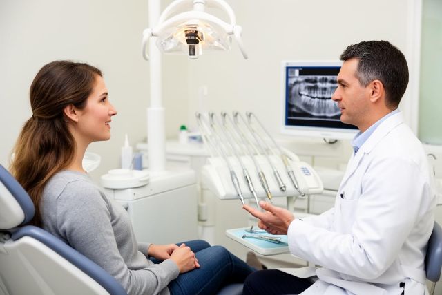 Dentist explaining a dental X-ray to a seated female patient in a modern dental treatment room.