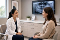 Dentist consulting with patient in modern exam room with dental X-ray displayed behind them.