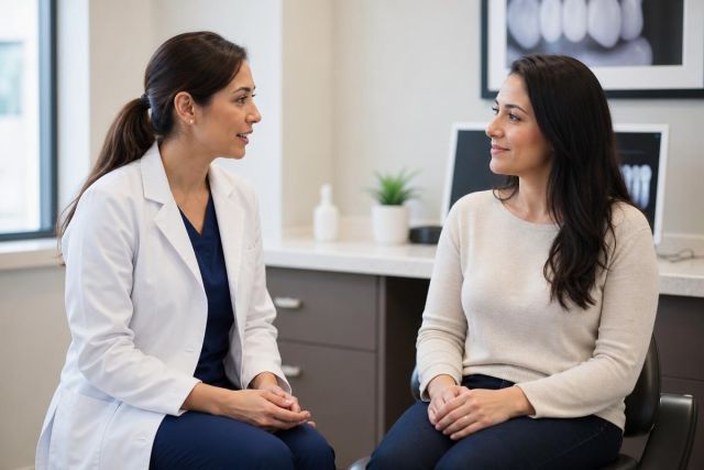 Dentist in white coat reassuring patient during a calm dental consultation in clinic.