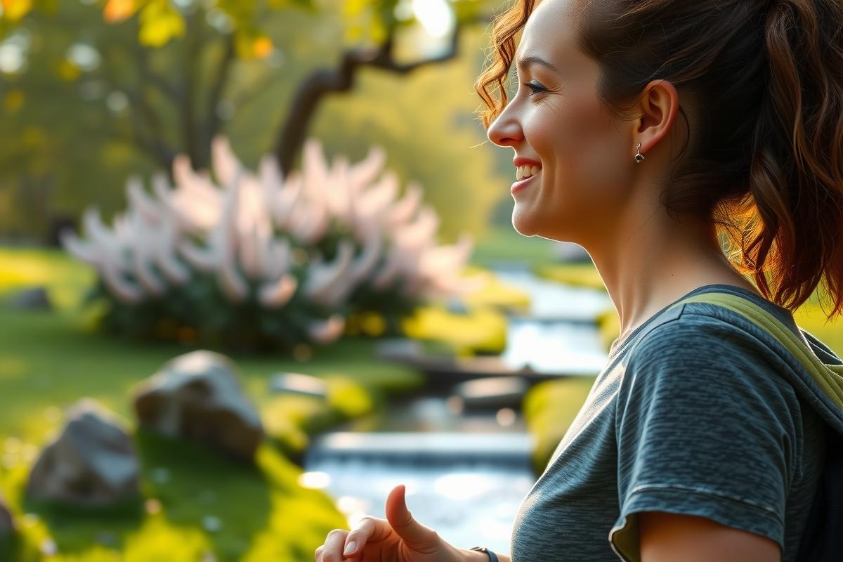 A young woman wearing a grey t-shirt and carrying a backpack is walking in a park. She's smiling and appears to be enjoying her time outdoors. The environment includes blooming trees and a pond with rocks, creating a serene and natural setting.