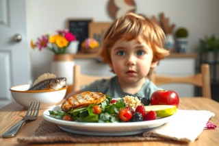 The image features a young child seated at a dining table with a plate of healthy food in front of them. The child appears to be looking down, possibly focused on the meal. The setting is domestic, with potted plants and other decor elements contributing to a cozy atmosphere. Colors are soft, with pastel tones dominating the scene.