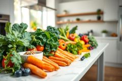 Fresh, vibrant vegetables like kale, carrots, tomatoes, and blueberries are arranged on a marble countertop in a bright, modern kitchen. A healthy food still life showcasing colorful produce and promoting a wellness lifestyle.