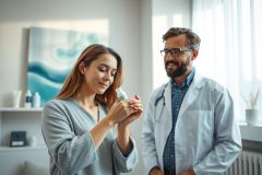Doctor explaining medication to patient in a bright, modern clinic. The woman examines eye drops while the friendly physician smiles. Healthcare, medical consultation, and pharmaceutical themes are present in this image with calming blue and white tones.