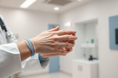 Healthcare professional in a white coat performs hand hygiene in a clean, modern hospital setting. Close-up view of hands clasped, emphasizing cleanliness and medical procedures. Blue accents and neutral tones create a sterile environment. Focus on patient safety and hygiene protocols.