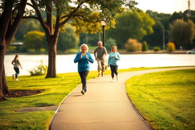 This is a color photograph depicting an outdoor scene with several individuals engaged in physical activity. The main focus of the image is on a group of three individuals who appear to be running or jogging along a paved path that runs parallel to a body of water, which could be a river or lake. The runners are dressed in athletic attire and seem to be moving at a moderate pace, with one runner slightly leading the others. The environment is lush with greenery and trees, suggesting a park setting during what appears to be springtime due to the green leaves on the trees and the clear skies. No people other than the runners are visible in the image, which emphasizes the recreational activity taking place. The colors in the photo include various shades of green from the vegetation, neutral tones from the pathway, and perhaps some blue from the water body. There is no text present in the image to provide additional context or information.