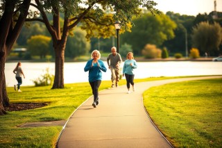 This is a color photograph depicting an outdoor scene with several individuals engaged in physical activity. The main focus of the image is on a group of three individuals who appear to be running or jogging along a paved path that runs parallel to a body of water, which could be a river or lake. The runners are dressed in athletic attire and seem to be moving at a moderate pace, with one runner slightly leading the others. The environment is lush with greenery and trees, suggesting a park setting during what appears to be springtime due to the green leaves on the trees and the clear skies. No people other than the runners are visible in the image, which emphasizes the recreational activity taking place. The colors in the photo include various shades of green from the vegetation, neutral tones from the pathway, and perhaps some blue from the water body. There is no text present in the image to provide additional context or information.