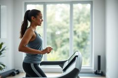 Woman exercising on a treadmill indoors. Fitness scene with a focus on health and wellness. Bright, airy room with a large window and natural light. Gray and black activewear, green foliage visible outside. Home workout, healthy lifestyle.