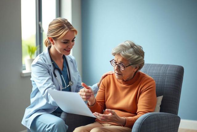 A healthcare professional discusses medical information with a senior patient in a bright, modern setting. The scene depicts compassionate care and patient communication, featuring a doctor, elderly woman, and documents.