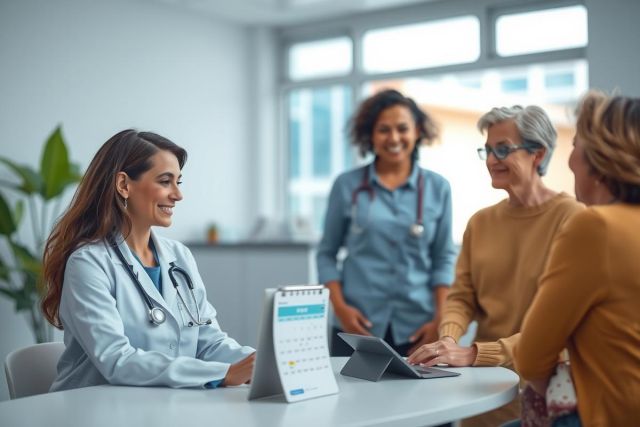 Doctor consults with a patient in a bright, modern clinic. Healthcare professional, patient interaction, medical consultation, friendly atmosphere, wellness checkup, professional setting.