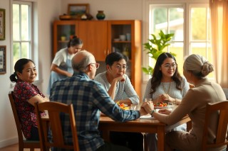 This image shows a warm and intimate family gathering around a dining table. There are at least six individuals present, including both adults and children. They appear to be engaged in conversation, enjoying a meal together. The setting is casual and comfortable, possibly a home environment with natural light coming from an unseen window or doorway. There are books on a nearby shelf, suggesting a lived-in space that reflects personal interests or hobbies of the family members.