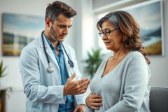 Doctor examining a patient in a bright, modern clinic. The healthcare professional, wearing a white coat and stethoscope, discusses concerns with a woman. Focus on medical consultation, patient care, and healthcare setting with warm, neutral tones.
