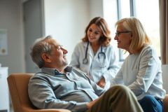 Senior man smiling in a comfortable chair, with a doctor and a woman nearby. Bright, modern room setting suggests healthcare or elder care. Warm colors and a positive atmosphere portray well-being and patient care.