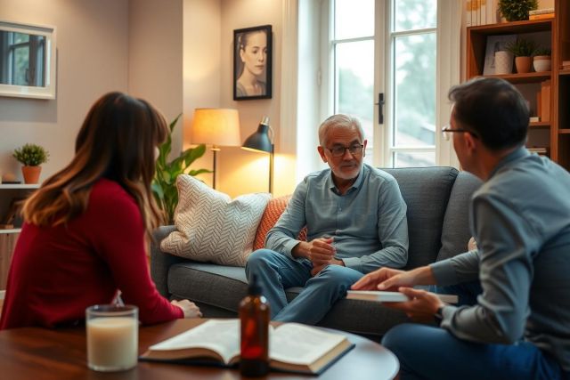 Three individuals seated in a modern living room, engaged in conversation. The central figure is an older man with white hair who appears to be sharing something from his book, suggesting a discussion or interview setting.