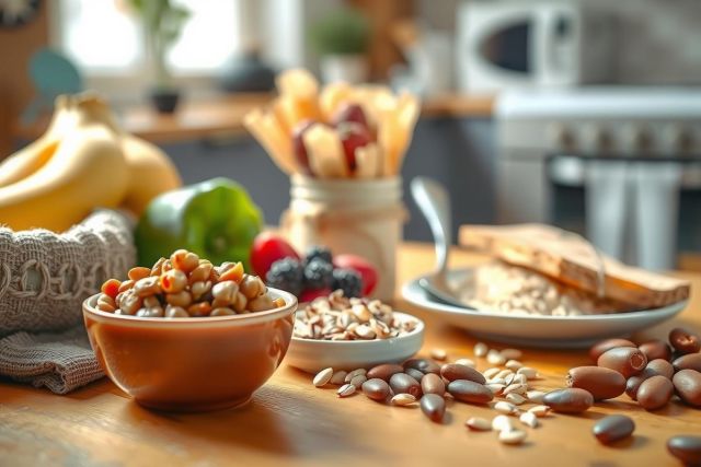 Healthy breakfast setup: bowls of granola, berries, and sliced bread on a wooden table. Natural light, cozy atmosphere, featuring vibrant colors and a focus on wellness.