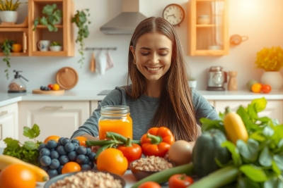 The image depicts a young woman in a kitchen, smiling as she prepares a fruit and vegetable smoothie. She is surrounded by various fresh fruits and vegetables on the counter, including oranges, bananas, berries, tomatoes, and leafy greens. The setting suggests a health-conscious and eco-friendly lifestyle with an emphasis on fresh ingredients and natural foods.