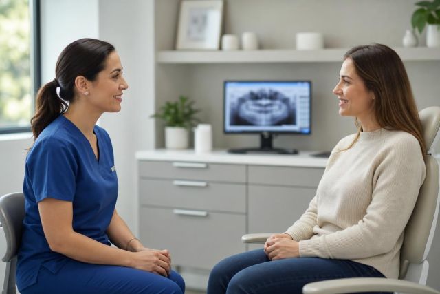 Dental professional explaining X‑ray results to a patient during a calm consultation in a clinic.