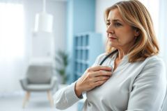 Concerned woman holding a stethoscope, likely in a doctor's office or medical setting. She has a worried expression. The image features a clean, bright interior with blue and white accents. Healthcare, medical examination, and patient anxiety are key themes.