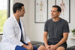 Orthopedic surgeon consults a middle-aged male patient in a calm clinic exam room.