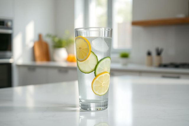 Refreshing lemon and cucumber infused water in a tall glass, set on a bright white kitchen countertop. A clean, modern kitchen with natural light creates a healthy and hydrating beverage scene. Perfect for summer drinks and wellness.