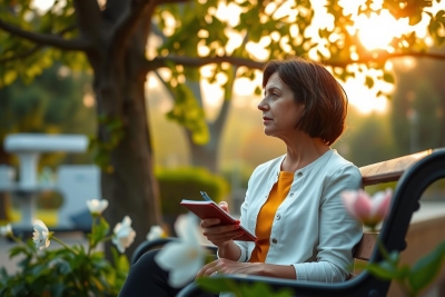 A woman sitting on a bench, holding her notebook. She's wearing a white jacket over an orange shirt and is focused on her device. The environment suggests she might be in a park or garden during late afternoon. Pink flowers add a soft, pastel-like hue to the scene.