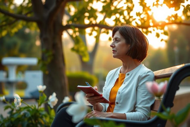 A woman sitting on a bench, holding her notebook. She's wearing a white jacket over an orange shirt and is focused on her device. The environment suggests she might be in a park or garden during late afternoon. Pink flowers add a soft, pastel-like hue to the scene.