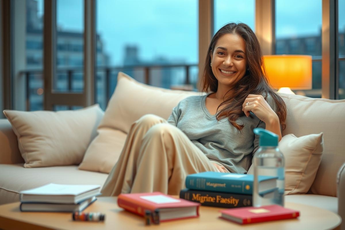 In the photo, a woman sits comfortably on a beige couch. She smiles and looks at the camera. The scattered books provide a comfortable setting for reading or relaxing.