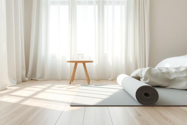 Bright, airy bedroom interior featuring a yoga mat and rolled yoga mat on a light wood floor. Soft, neutral colors—whites, creams, and beige—create a calming, minimalist atmosphere. A small wooden table sits beneath sheer white curtains and a window, suggesting a peaceful wellness space.